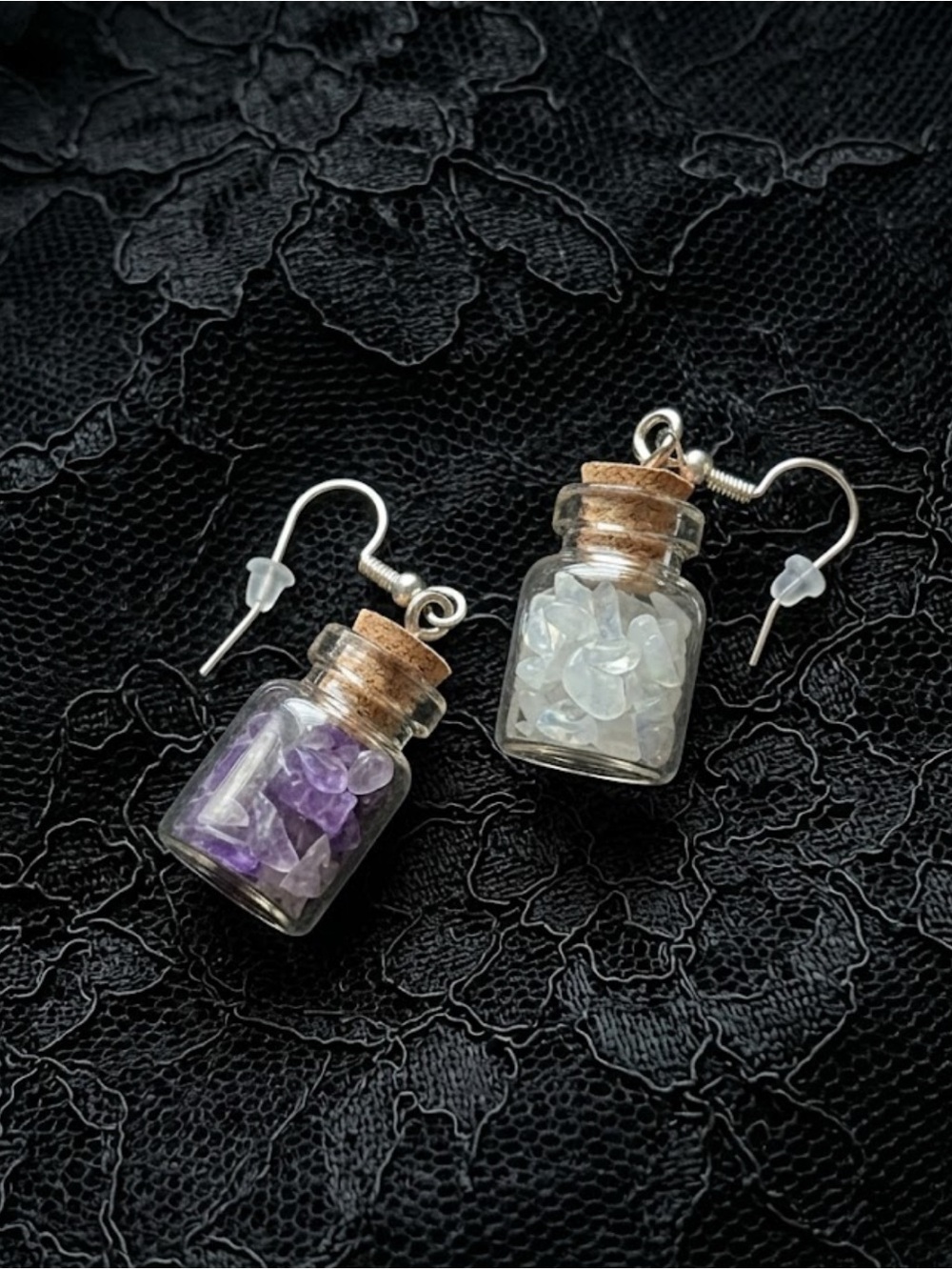 Handmade Mini Opalite and Amethyst Glass Jar Earrings - Picture 2 of 3